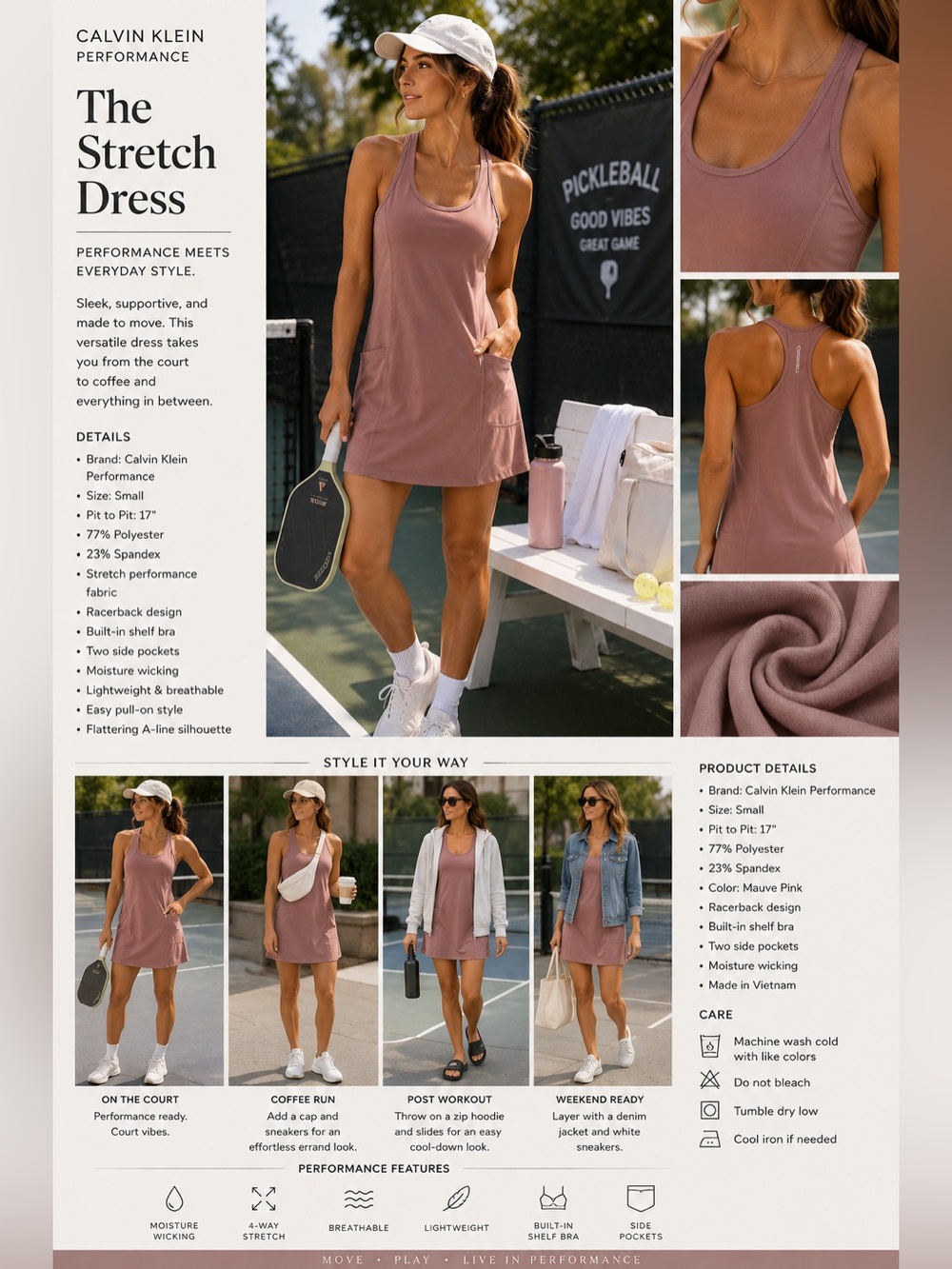 Calvin Klein Performance Athletic Dress | Size Small | Dusty Rose | Pockets - Picture 3 of 8